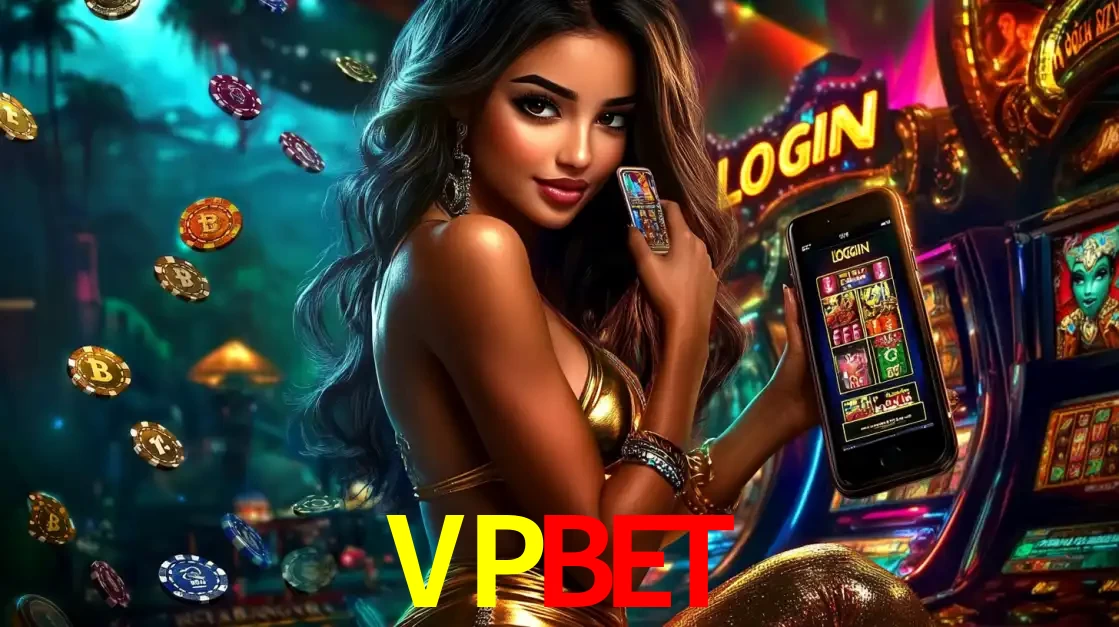 Mulher em um cenário de cassino temático de aventura, mostrando o app de caça-níqueis da VPBET no celular. Fichas de apostas flutuam ao redor.