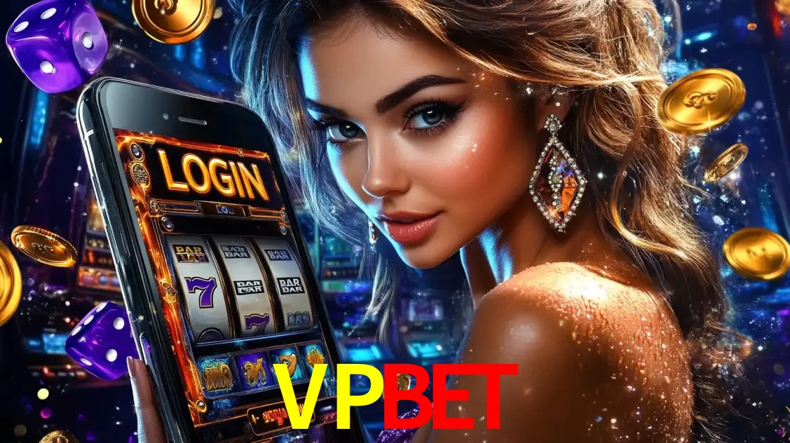 Mulher glamorosa segurando um smartphone com a tela de login para os jogos de caça-níqueis do cassino online VPBET, com moedas de ouro e dados ao redor.