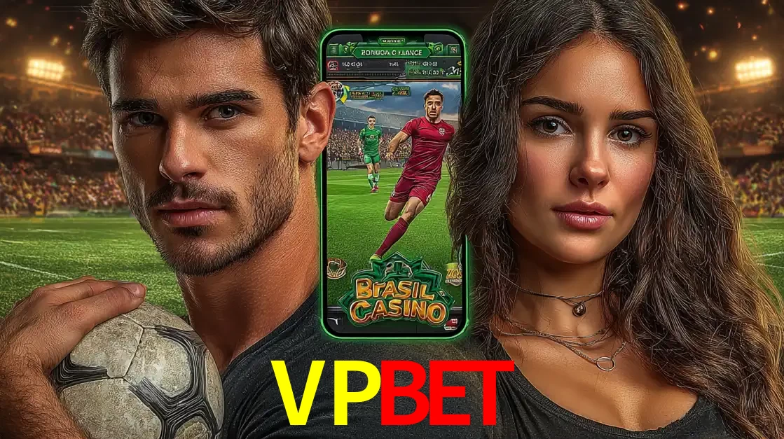 Homem segurando uma bola de futebol e uma mulher ao lado de um smartphone exibindo o jogo de apostas esportivas da VPBET. Faça seu palpite no cassino online.